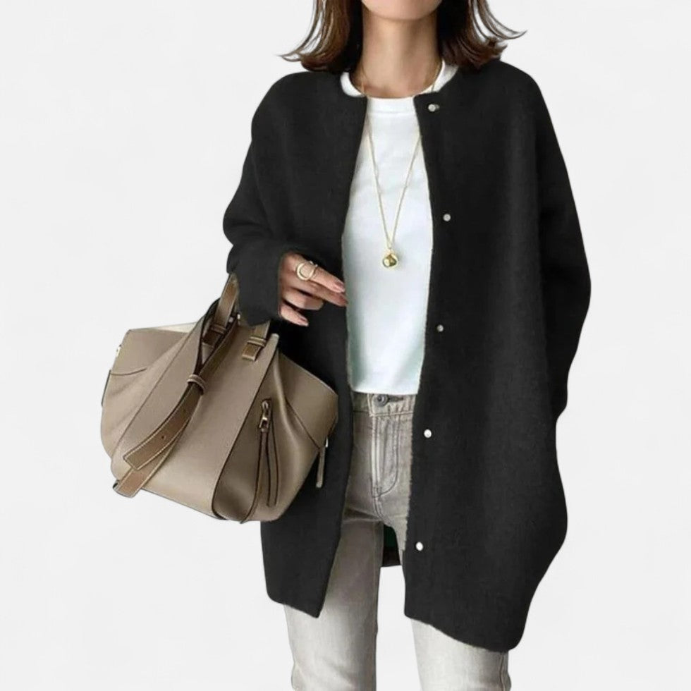 Long knitted cardigan with round neckline for women