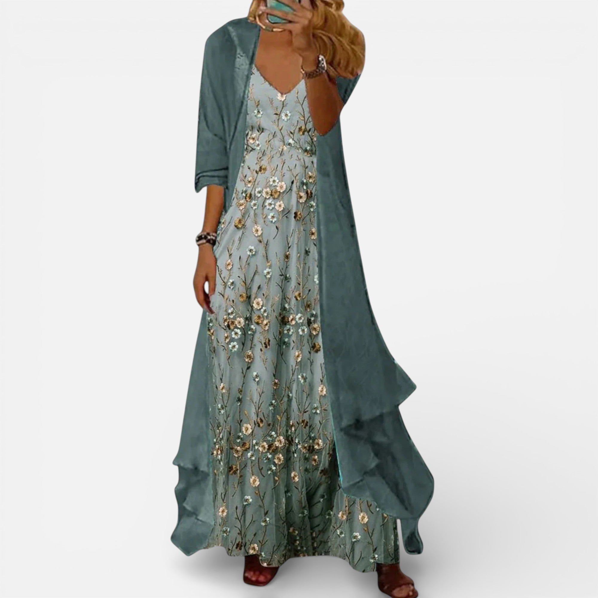 Damen Maxikleid mit Blumenmuster und V Ausschnitt