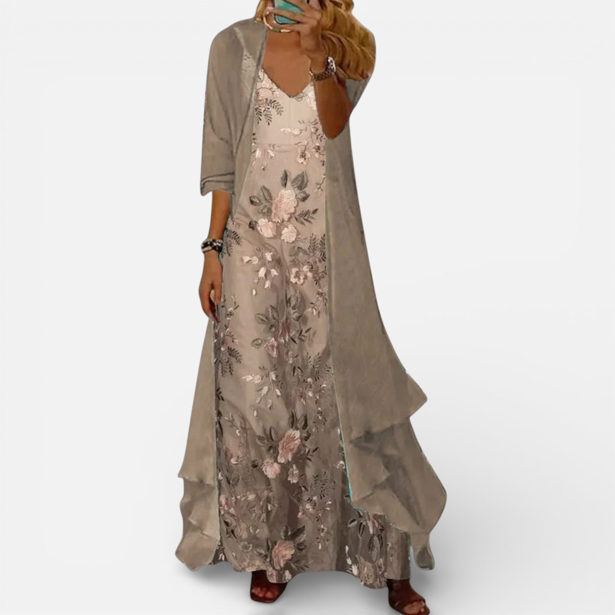 Damen Maxikleid mit Blumenmuster und V Ausschnitt