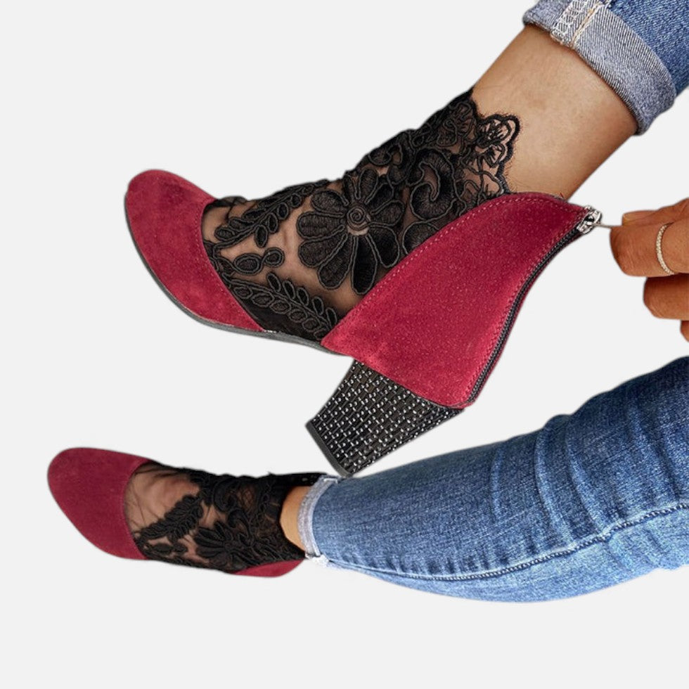 Damen Stiefeletten mit Spitzenbesatz und Blockabsatz