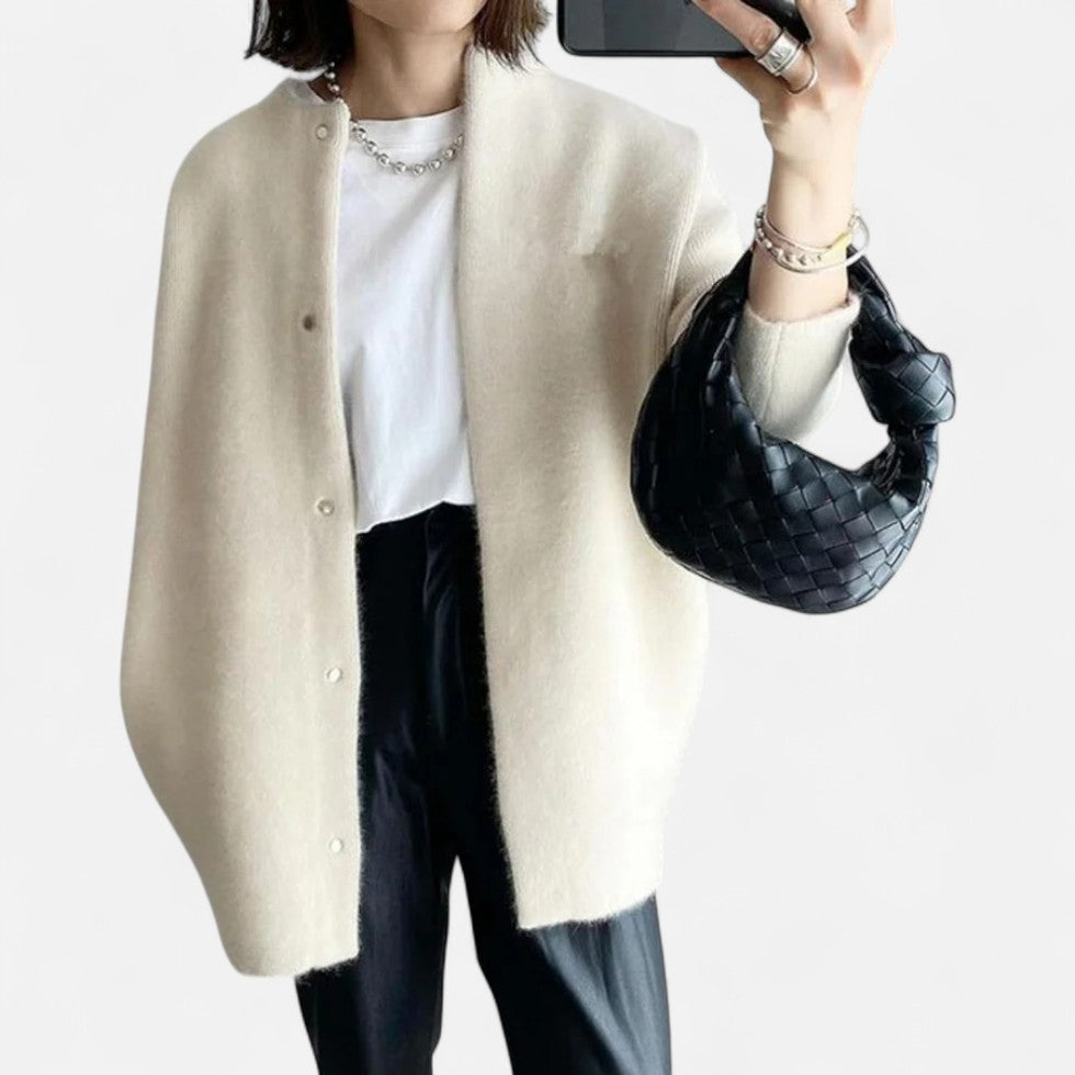 Long knitted cardigan with round neckline for women