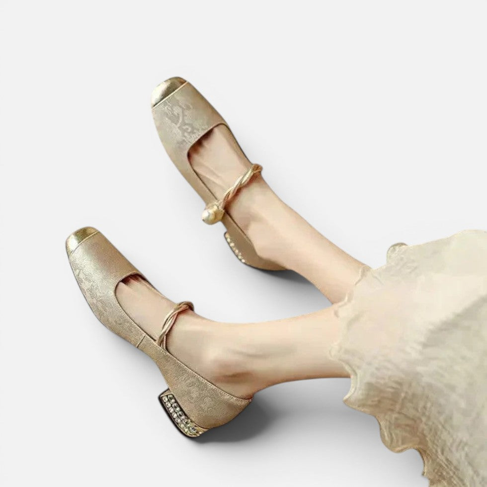 Orthopädische Mary Jane Schuhe Riemen Design Blockabsatz Jacquard Muster