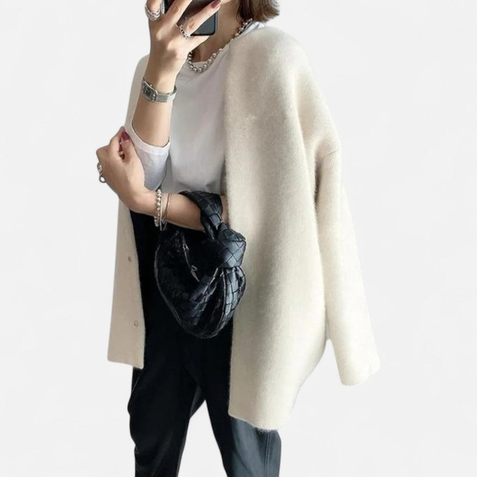 Long knitted cardigan with round neckline for women