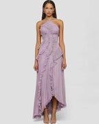 Maxikleid mit Rüschen und Falten, Neckholder, figurbetont, europäischer Stil