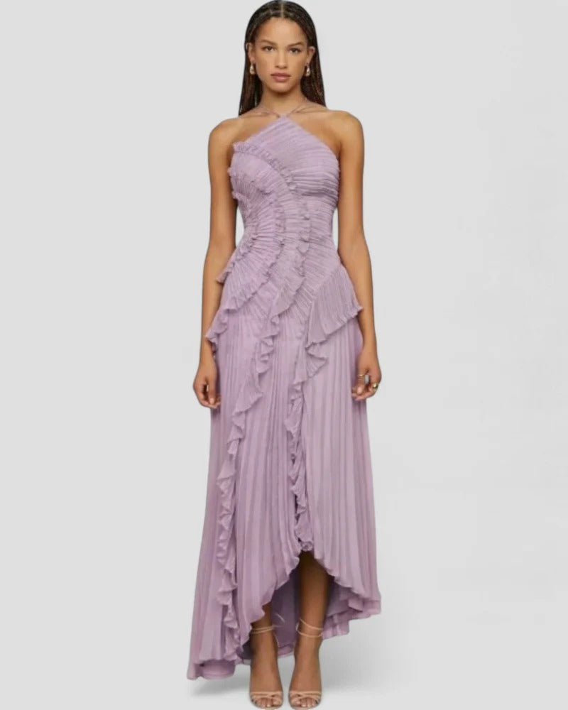Maxikleid mit Rüschen und Falten, Neckholder, figurbetont, europäischer Stil