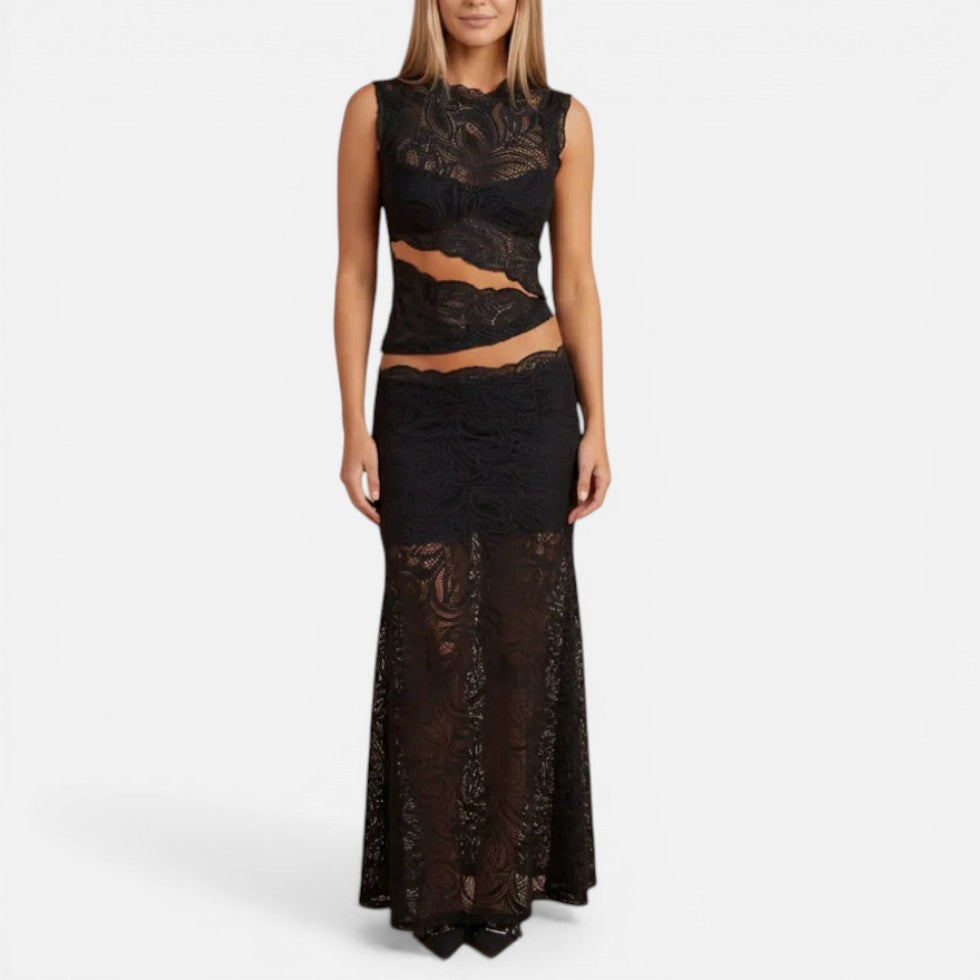 Todelt blondenederdel med crop top og midi-nederdel