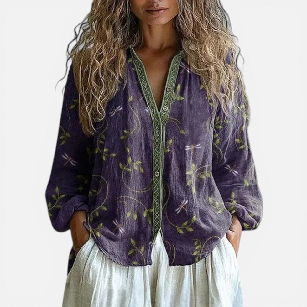 Damebluse med V-udskæring og blomstermønster