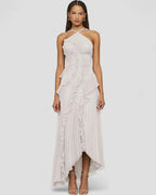 Maxikleid mit Rüschen und Falten, Neckholder, figurbetont, europäischer Stil