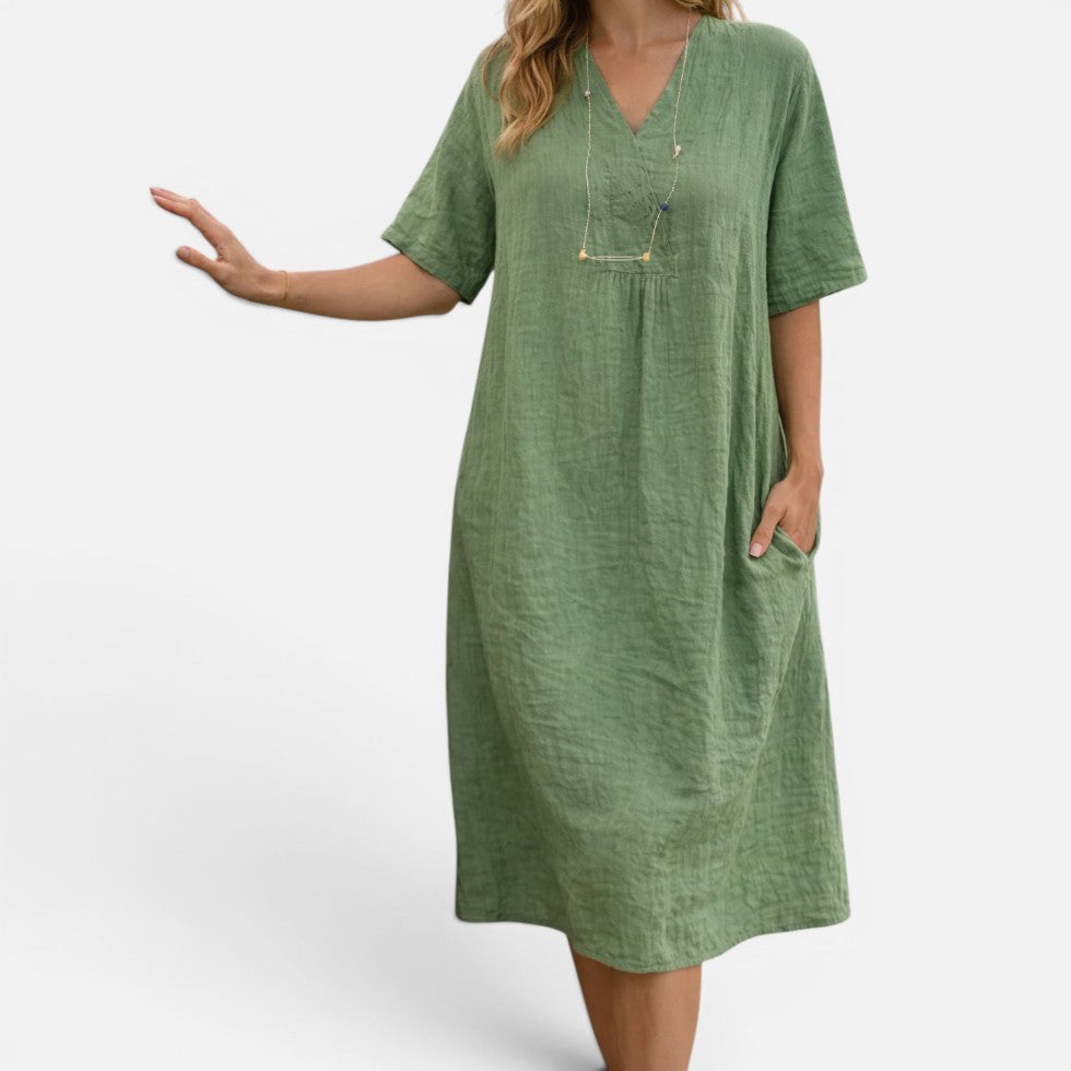 Midi Dress Loose Fit Short Sleeve V-Neck