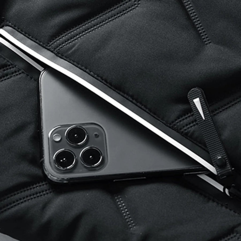 Puffer jacket with stand-up collar and zippered pockets