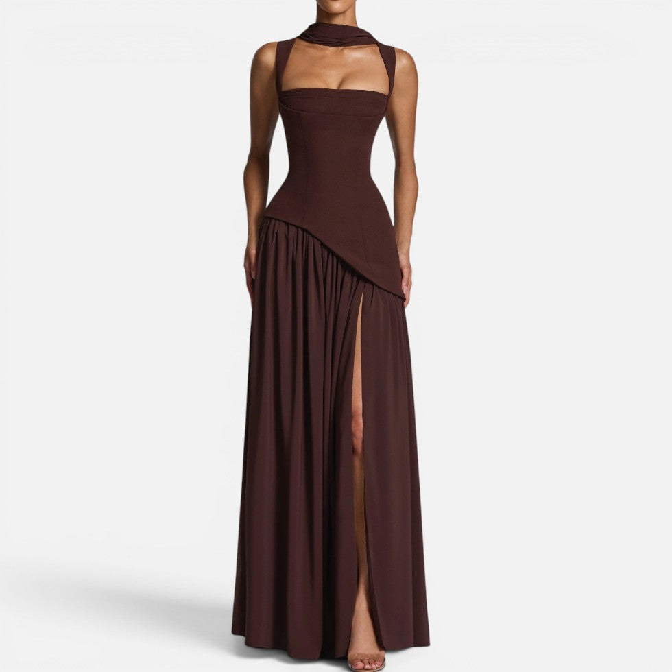 Maxikleid Ärmellos Schlitz Quadratischer Ausschnitt