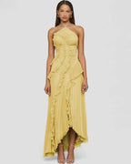 Maxikleid mit Rüschen und Falten, Neckholder, figurbetont, europäischer Stil
