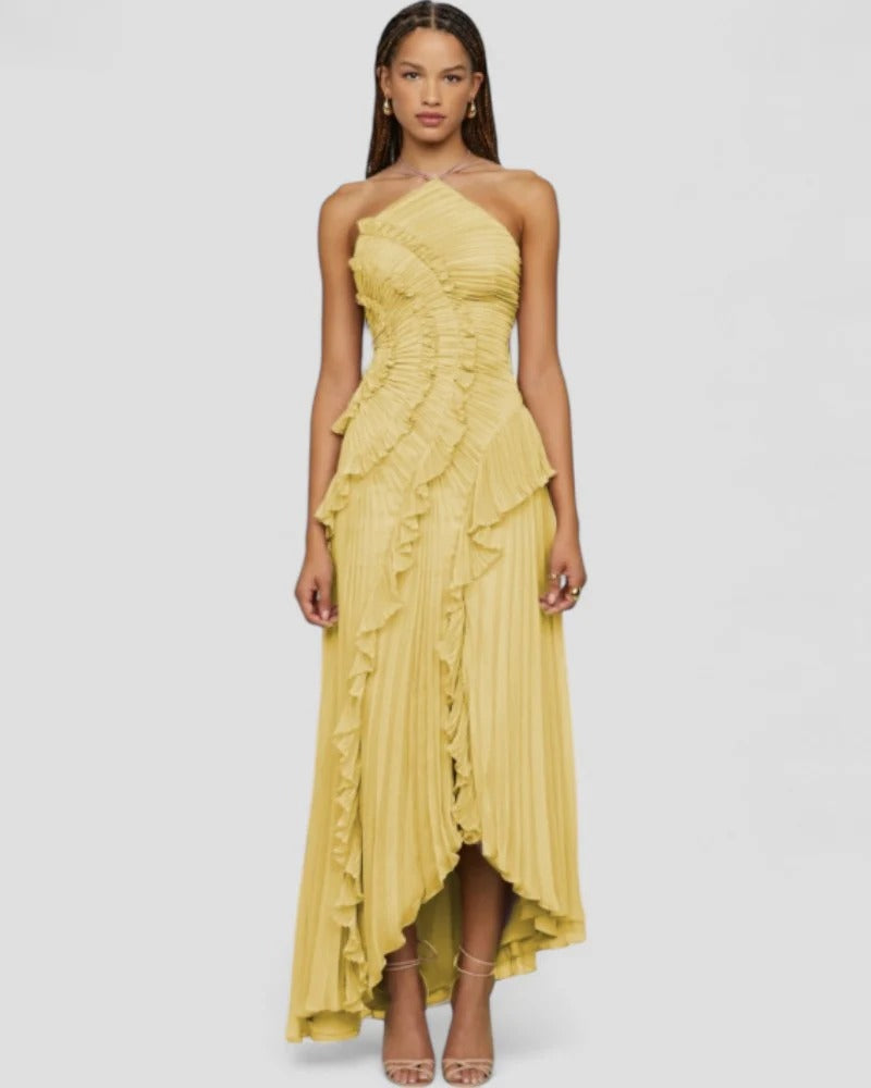 Maxikleid mit Rüschen und Falten, Neckholder, figurbetont, europäischer Stil
