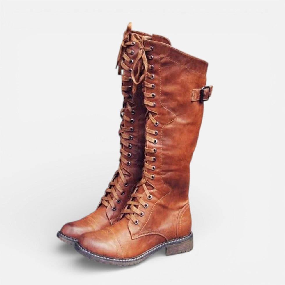 Women's lace-up boots with high shaft and buckle closure