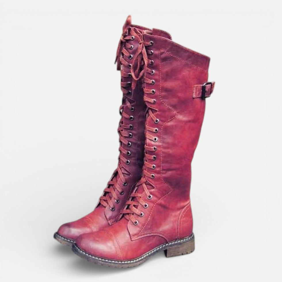 Women's lace-up boots with high shaft and buckle closure