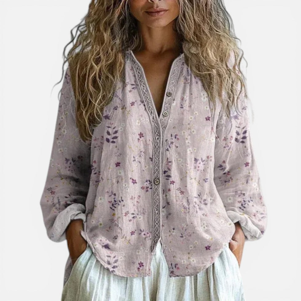 Damebluse med V-udskæring og blomstermønster