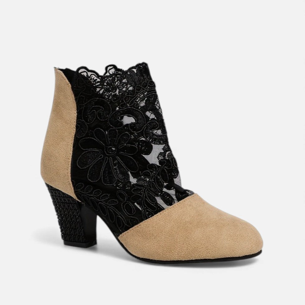 Damen Stiefeletten mit Spitzenbesatz und Blockabsatz