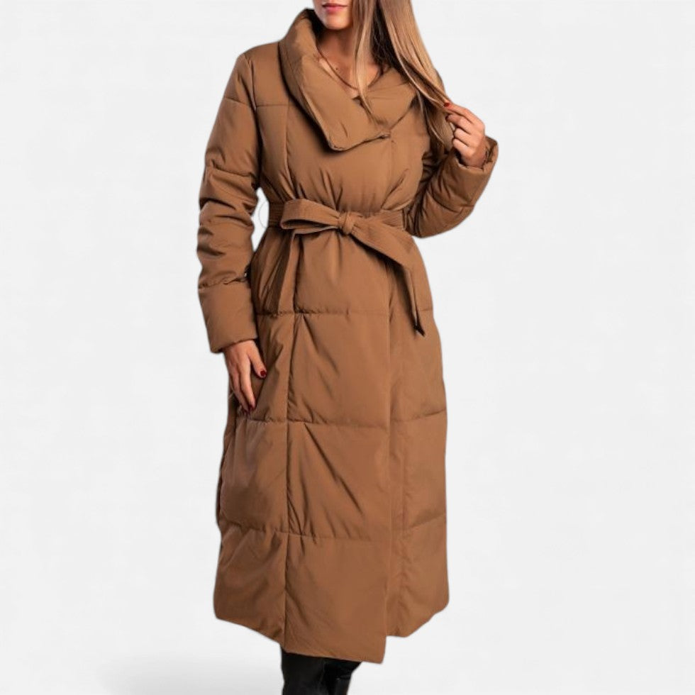 Damen Langer Steppmantel mit Gürtel Winterjacke