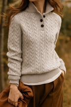 Kaschmir Strickpullover mit Zopfmuster und Knopfleiste