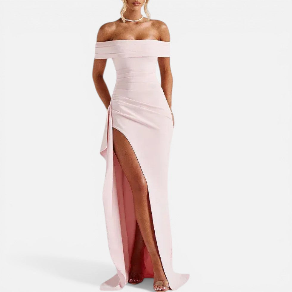 Maxikjole til kvinder, off shoulder med slids og taljeret pasform