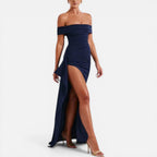 Maxikjole til kvinder, off shoulder med slids og taljeret pasform