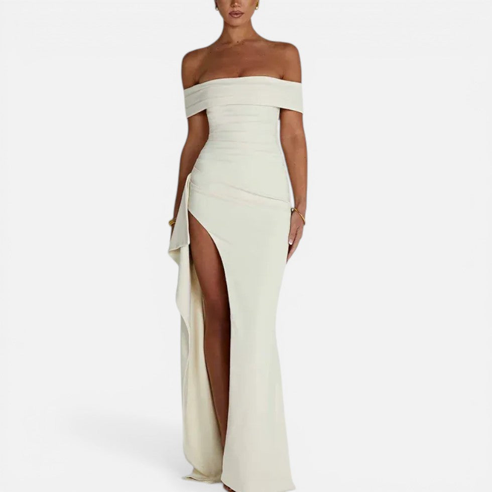 Maxikjole til kvinder, off shoulder med slids og taljeret pasform