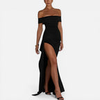 Maxikjole til kvinder, off shoulder med slids og taljeret pasform
