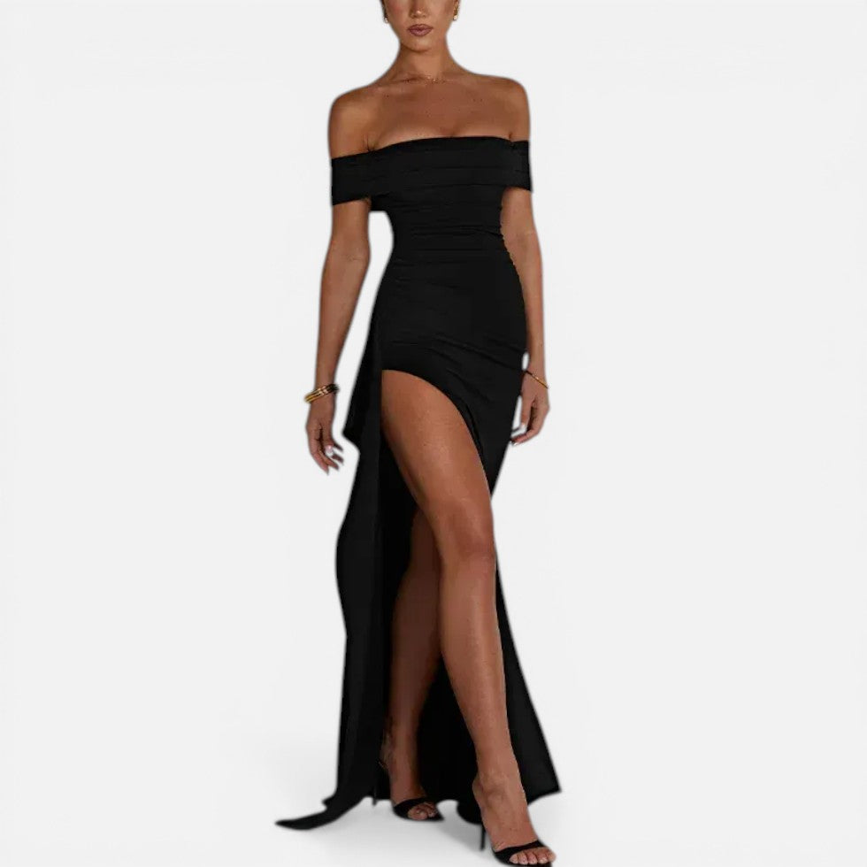 Maxikjole til kvinder, off shoulder med slids og taljeret pasform