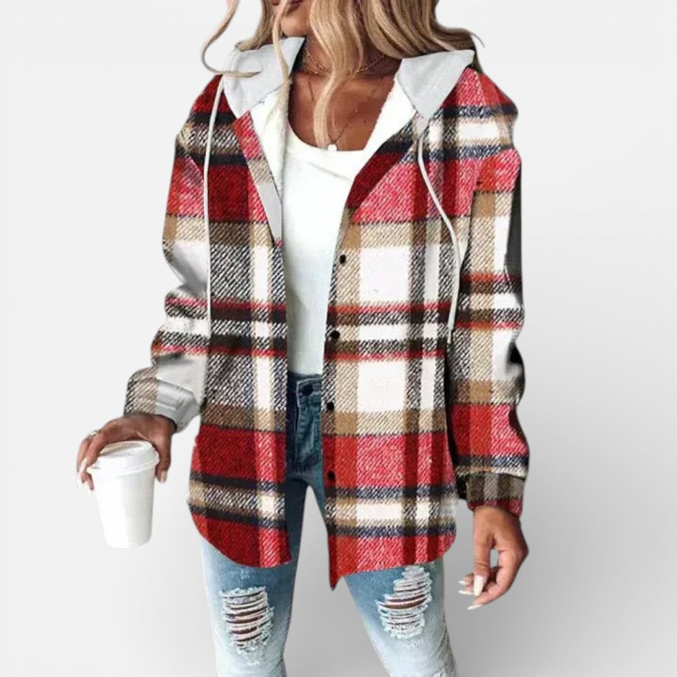 Damen Karojacke mit Kapuze und Knopfleiste