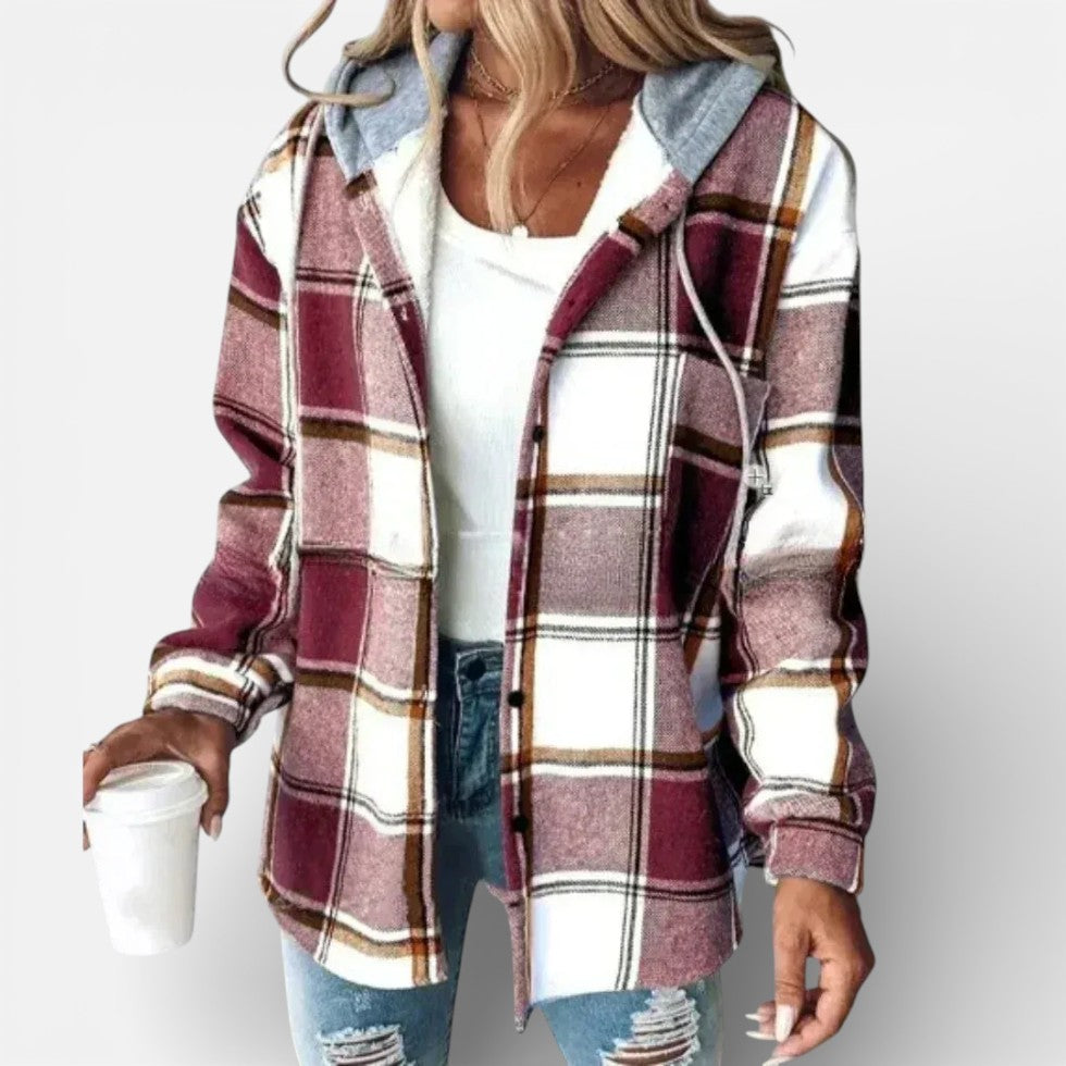 Damen Karojacke mit Kapuze und Knopfleiste