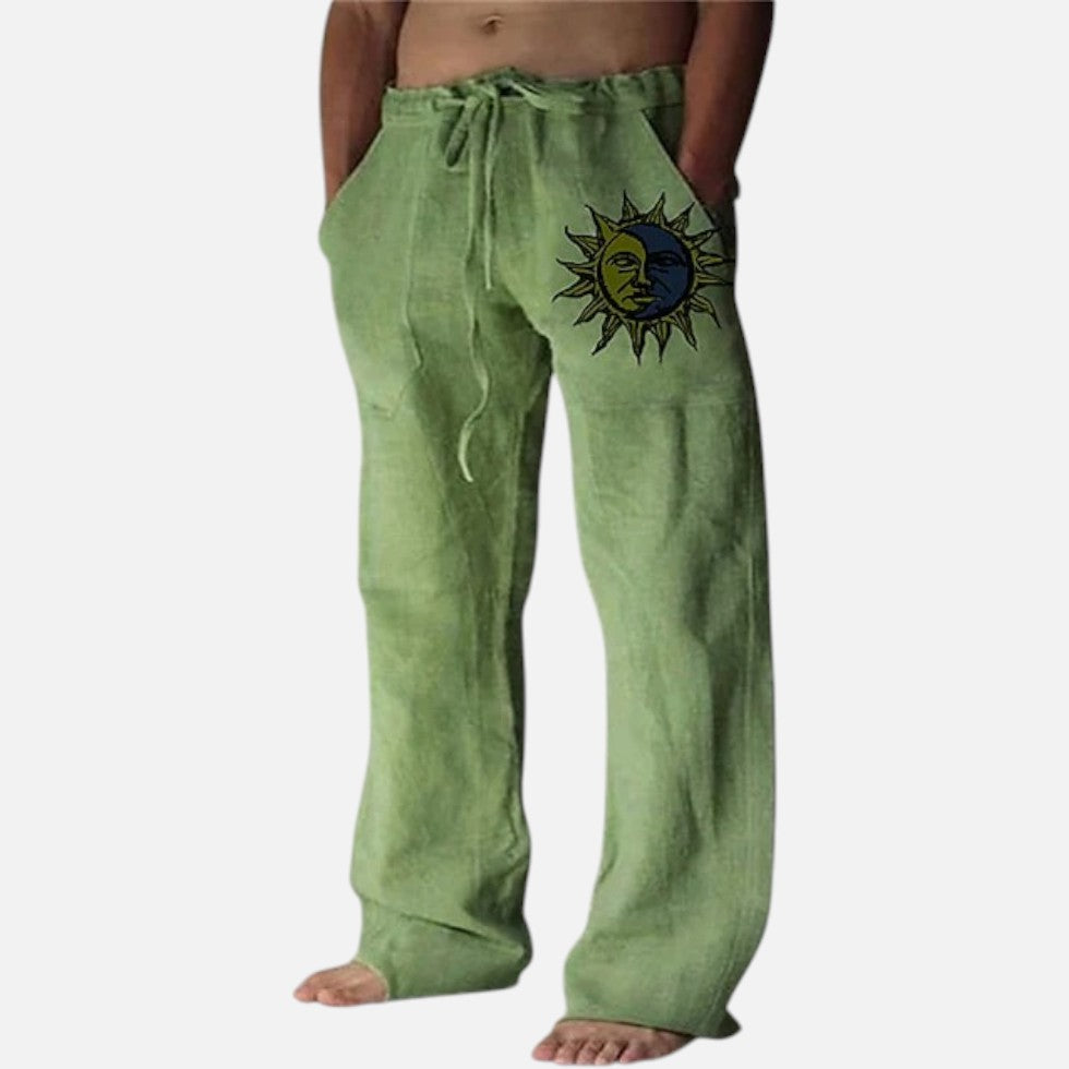 Linen pants with sun graphic and drawstring