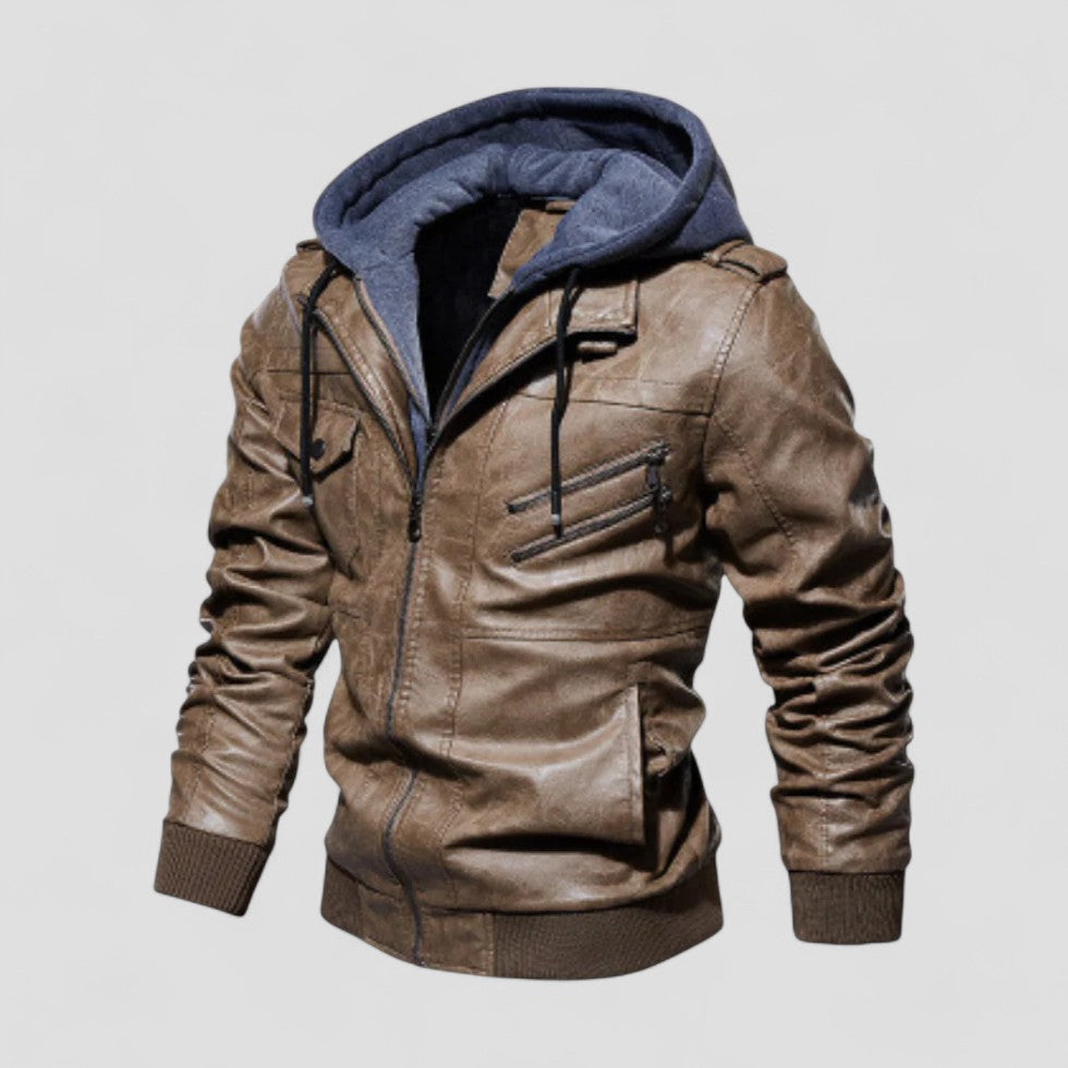 Faux leather jacket with hood for men