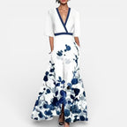 Langes Damenkleid mit Blumenmuster und V Ausschnitt