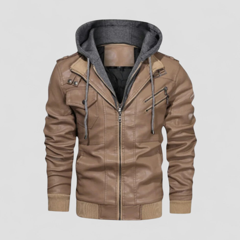 Faux leather jacket with hood for men