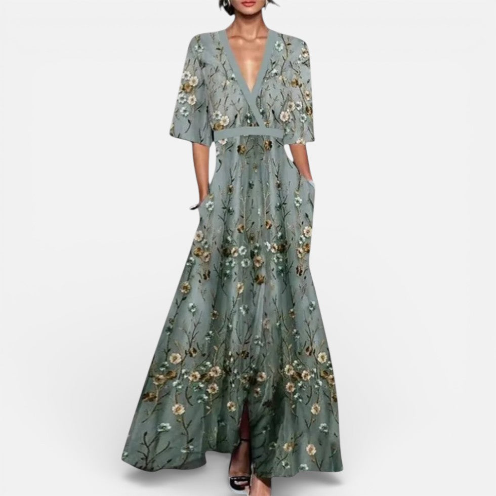 Langes Damenkleid mit Blumenmuster und V Ausschnitt