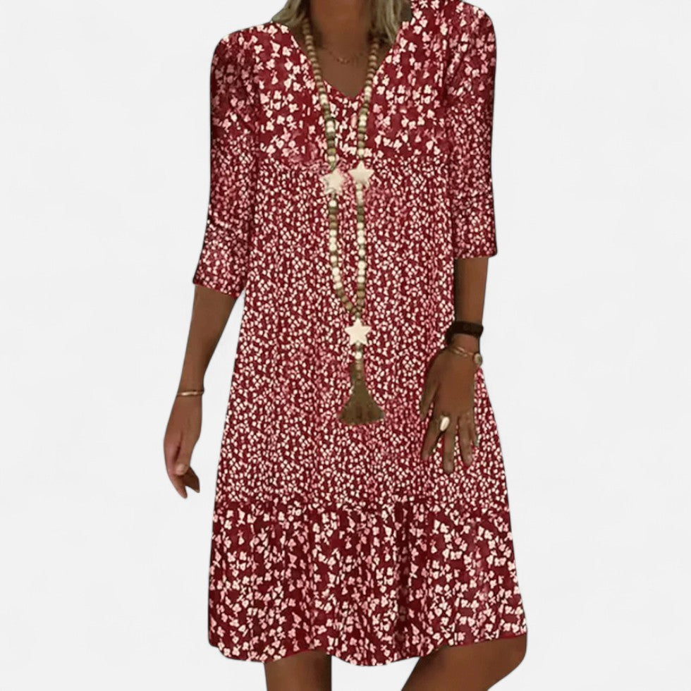 Geblümtes Freizeitkleid mit V-Ausschnitt und Dreiviertelärmeln