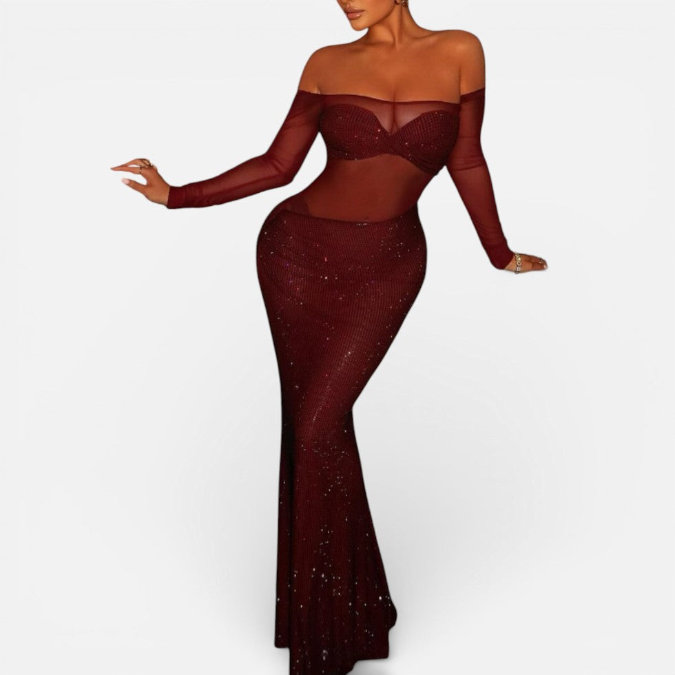 Lang gallakjole med off-shoulder-snit og transparent overdel