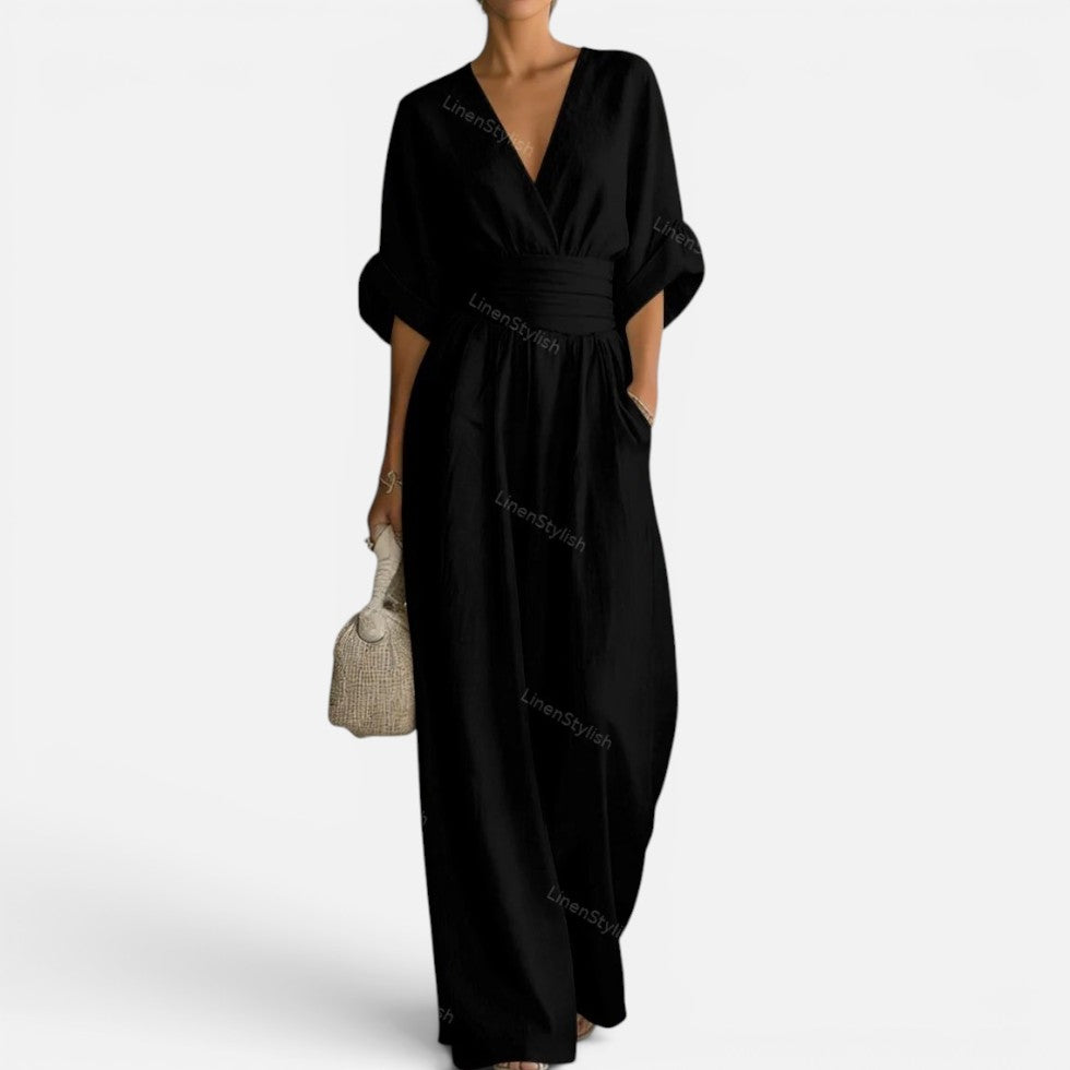 Jumpsuit Tailliert V Ausschnitt Weites Bein Dreiviertelarm