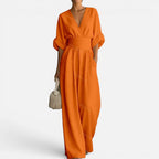 Jumpsuit Tailliert V Ausschnitt Weites Bein Dreiviertelarm