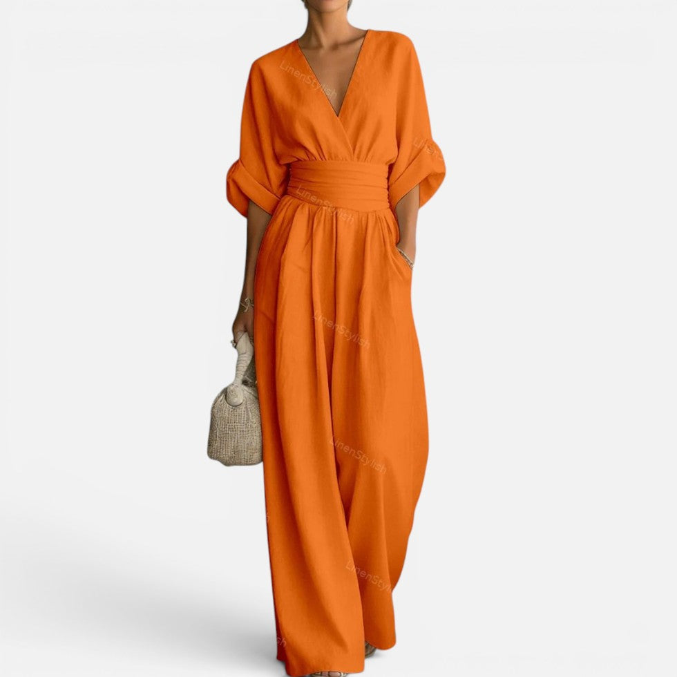 Jumpsuit Tailliert V Ausschnitt Weites Bein Dreiviertelarm