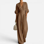Jumpsuit Tailliert V Ausschnitt Weites Bein Dreiviertelarm