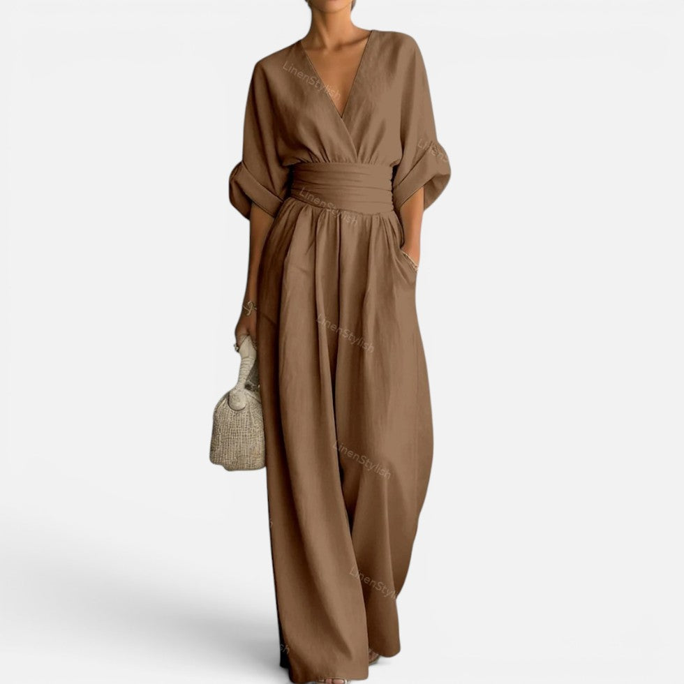 Jumpsuit Tailliert V Ausschnitt Weites Bein Dreiviertelarm