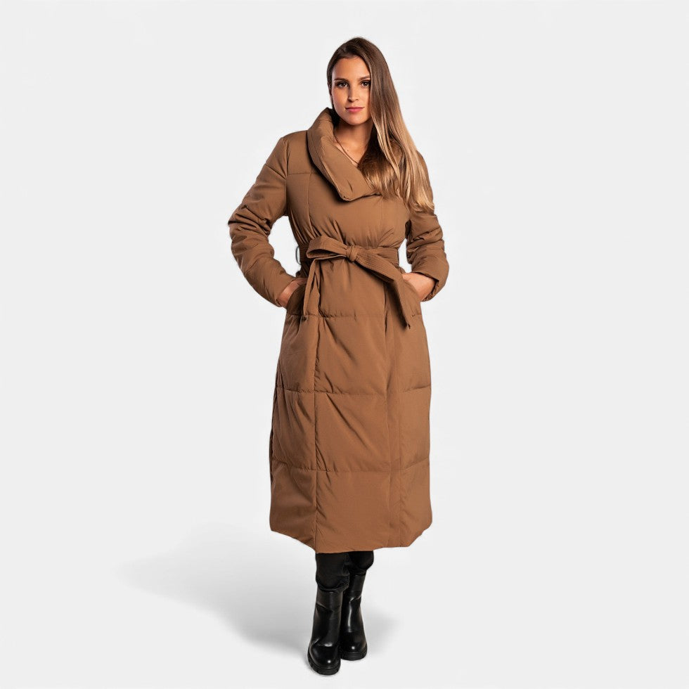 Damen Langer Steppmantel mit Gürtel Winterjacke