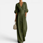 Jumpsuit Tailliert V Ausschnitt Weites Bein Dreiviertelarm