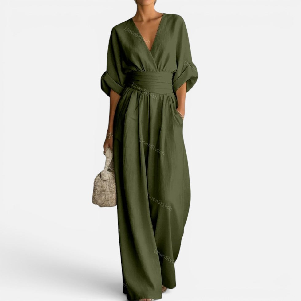 Jumpsuit Tailliert V Ausschnitt Weites Bein Dreiviertelarm
