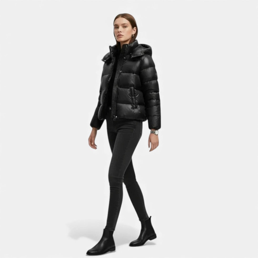 Glänzende Pufferjacke mit Kapuze für Damen
