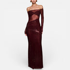 Lang gallakjole med off-shoulder-snit og transparent overdel