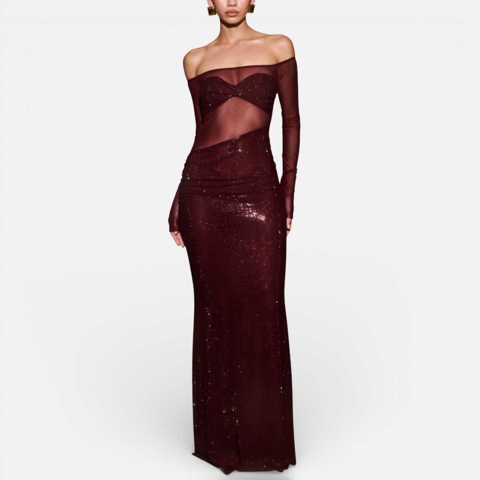 Lang gallakjole med off-shoulder-snit og transparent overdel