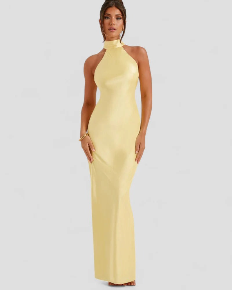 Satin-Ballkleid mit offenem Rücken und Wasserfallkragen