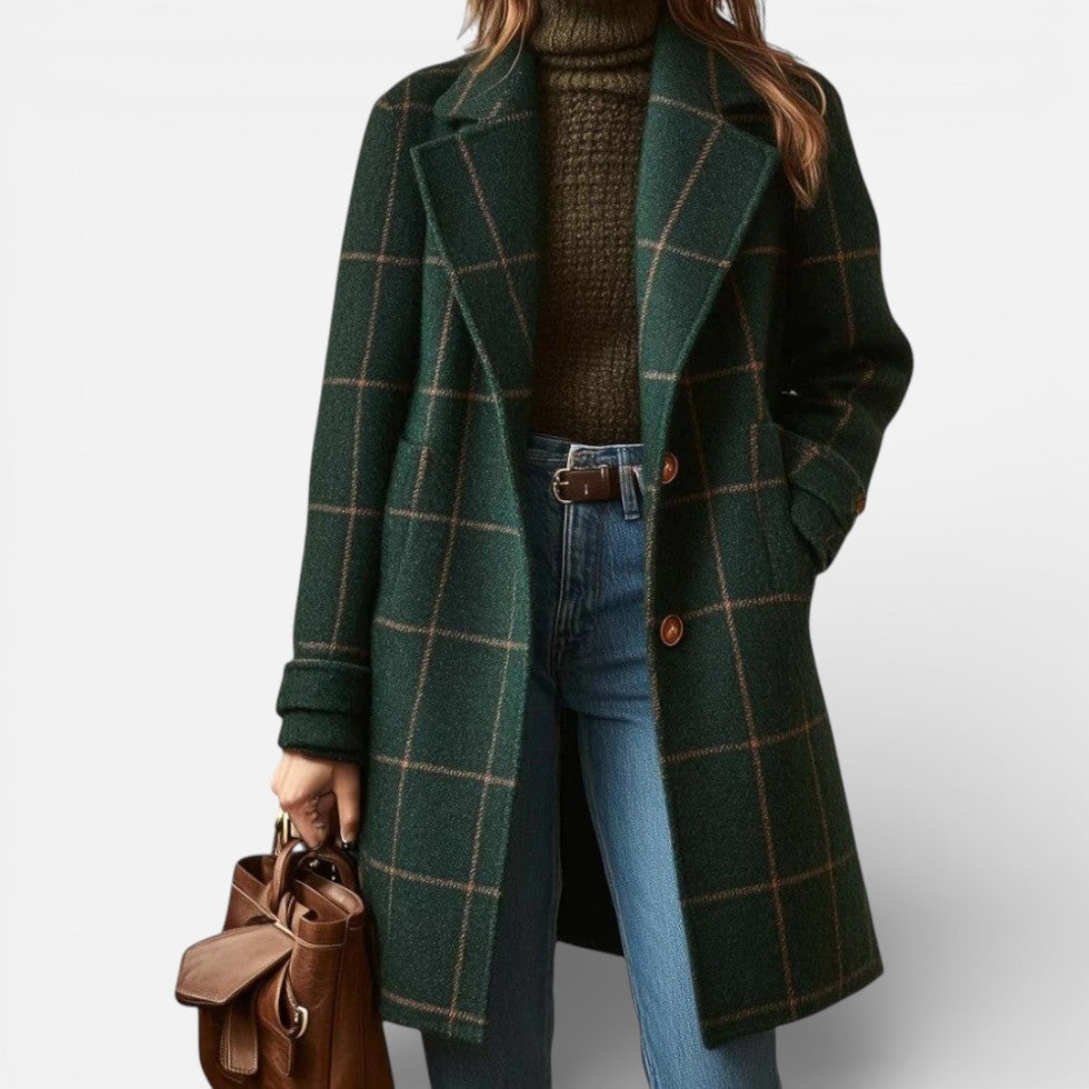 Damen Wollmantel mit Karomuster und klassischem Schnitt